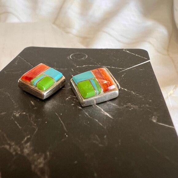 VTG A Francisco Native Navajo Spiny Oyster Turquoise Sterling Vintage Earrings - Picture 10 of 10